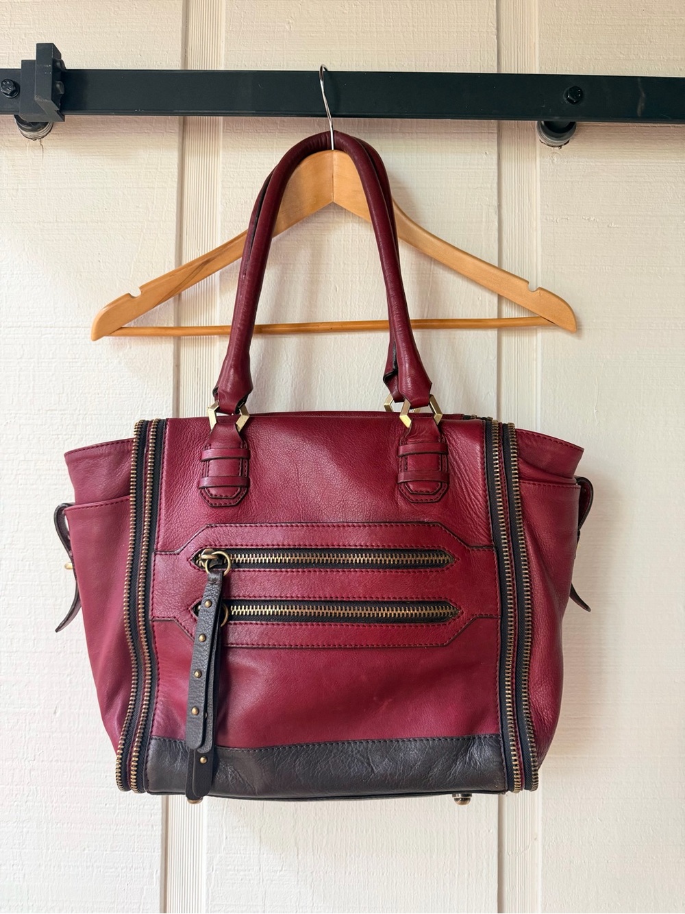 orYANY Burgundy Leather Shoulder Bag with Dark Brown Trim